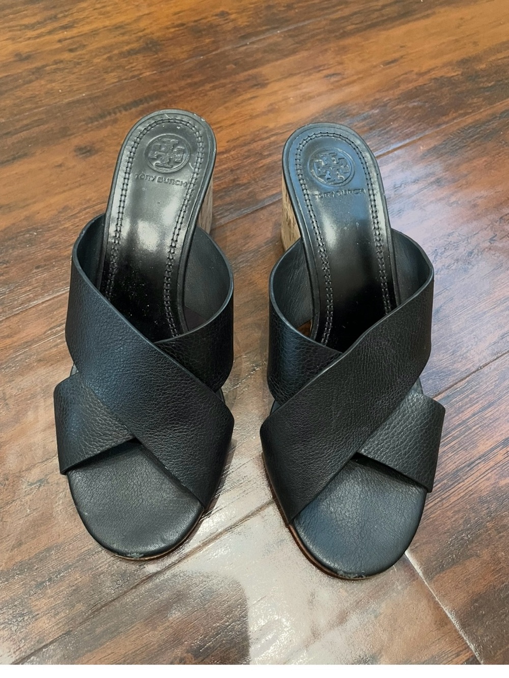 Tory Burch Black Leather Crossband Mule Sandals